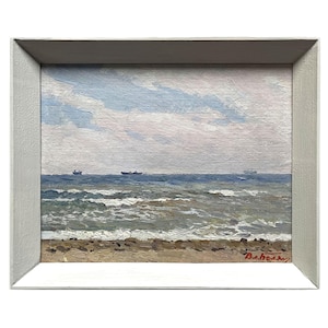 Framed vintage original oil painting by Ukrainian artist V.Belyak, 1972, Seascape, Seafront, Seashore, Beach, Waves, Ships, Sea wall art