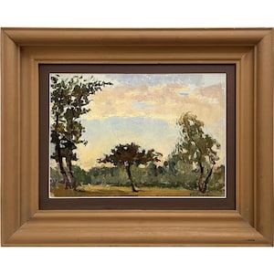Framed antique original oil painting by Ukrainian artist K.Zaruba 1954, Mid century art, Impressionist landscape, Trees, Painted from nature