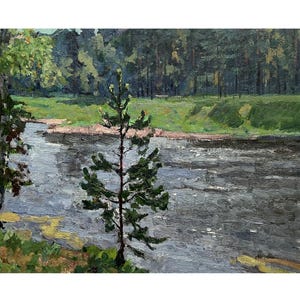 Vintage original oil painting Evening river landscape by Ukrainian artist V.Korobov, 1960s, Sunset Wall art, Trees on the river bank, Nature