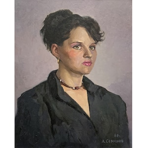 Vintage original Ölgemälde Porträt eines Mädchens vom Ukraine Künstler O.Semenov, 1987, Porträtwandkunst, Porträt einer Frau, Weibliches Porträt