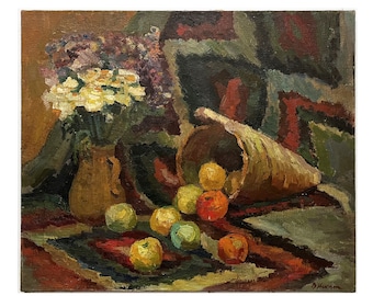 Antique original oil painting on canvas by Ukraine artist V.Iskam 1950s, Still life with apples and flowers, Mid century Still life Wall Art