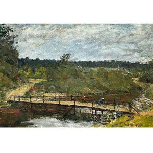Vintage original oil painting Evening riverscape by Ukraine artist K.Zaruba, 1982, Wall art, Sunset, Clouds, Bridge over the river, Cyclists
