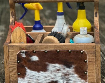 Grooming caddy cowhide sides 13x15 sized with 4 compartments