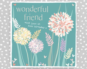Friend Birthday Card: Hand-Illustrated Meadow Flowers, Metallic Foiling, Embossing