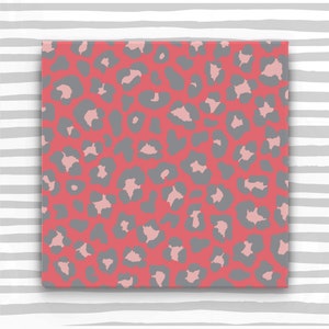 May include: A seamless pattern featuring a pink and gray leopard print. The background is a solid pink color, and the leopard spots are a light gray color.