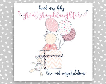 New Baby Granddaughter Card: Hand-Finished Illustration, Balloons, Bunny Toy