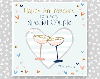 Hand Illustrated Anniversary Card: Champagne Glasses & Hearts
