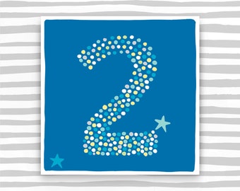 May include: A blue square with a white border features a large number two made of yellow, blue, and green polka dots. Two small white stars with blue centers are in the corners of the square.