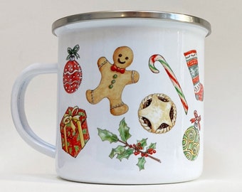 Enamel Christmas Mug, Camping Hiking 10 oz Festive Cup