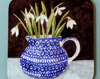 Snowdrops Coaster, High Quality Wooden Gloss Finish Square 9 cm x 9 cm