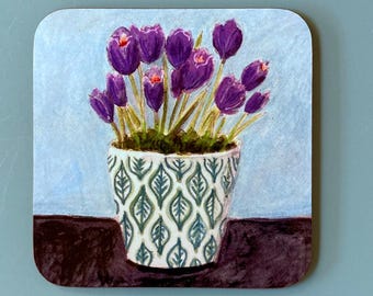 Crocuses Coaster, High Quality Wooden Gloss Finish Square 9 cm x 9 cm