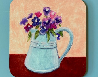 Pansies Coaster, High Quality Wooden Gloss Finish Square 9 cm x 9 cm