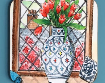 Tulips Coaster, High Quality Wooden Gloss Finish Square 9 cm x 9 cm