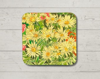 Daisies Coaster, High Quality Wooden Gloss Finish Square 9 cm x 9 cm