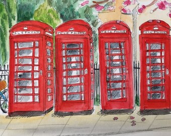 Cambridge Phone Boxes Giclee Print, Unframed Fine Art Watercolour Print on Paper, Cambridge Art Print