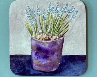 Grape Hyacinth Coaster, High Quality Wooden Gloss Finish Square 9 cm x 9 cm