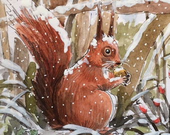 Red Squirrel in the Snow greetings card