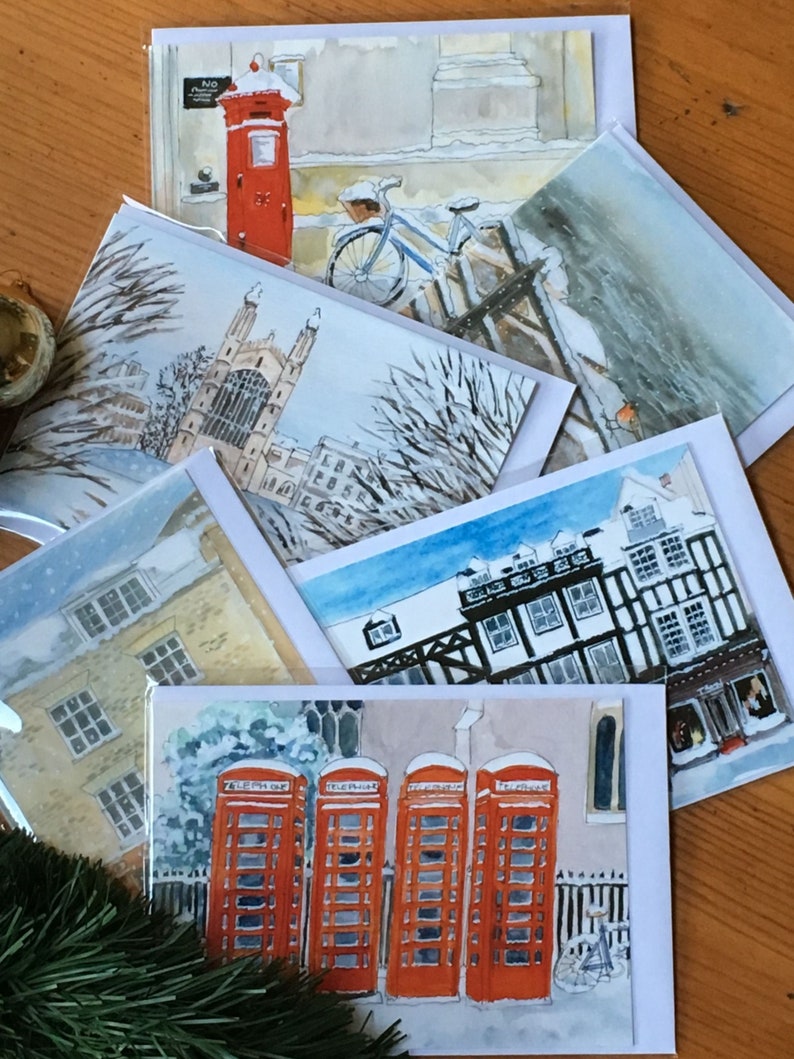 Cambridge Christmas cards, set of six fine art greetings cards, blank inside. image 1