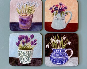 Spring Flowers Coasters Set 2, Four High Quality Wooden Gloss Finish Square 9 cm x 9 cm