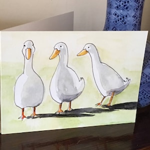 アヒルのグリーティングカード、鳥好きの方のための水彩画のファインアートカード、内側は空白でメッセージを書き込めます