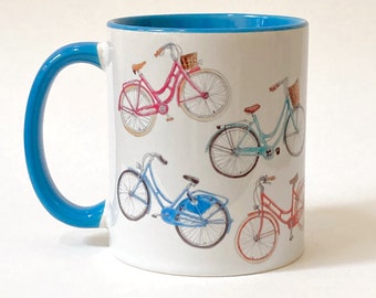 Bike Mug, Two Tone Ceramic Blue Coffee Cup, Cyclists Gift