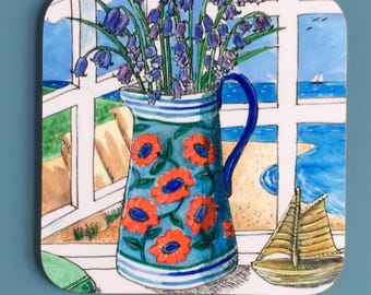 Bluebells Coaster, High Quality Wooden Gloss Finish Square 9 cm x 9 cm