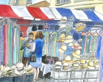 Cambridge Market Hat Stall Giclee Print, Unframed Fine Art Watercolour Print on Paper, Cambridge Art Print