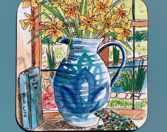 Daffodils Coaster, High Quality Wooden Gloss Finish Square 9 cm x 9 cm
