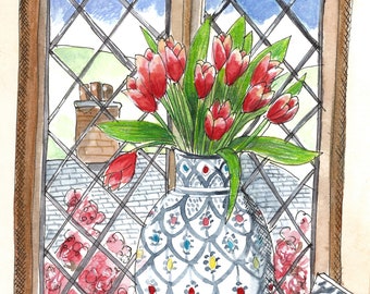 Tulips Fine Art Giclee Print,  Watercolour Print on Paper, Spring Flowers, Unframed