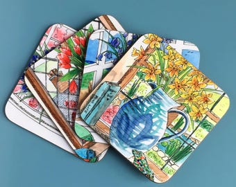 Spring Flowers Coasters Set 1, Four High Quality Wooden Gloss Finish Square 9 cm x 9 cm