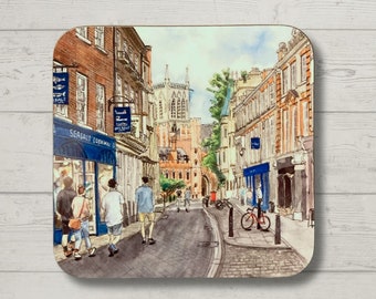 Trinity Street, Cambridge Coaster, High Quality Wooden Gloss Finish Square 9 cm x 9 cm