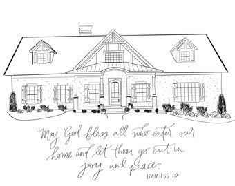 CUSTOM Home portrait with hand lettered personalization | housewarming gift | custom home sketch | personalized house drawing