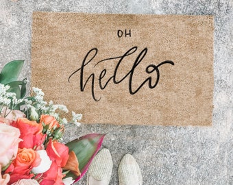 Porch Decor Oh Hello Doormat | spring doormat | hand lettered doormat | cute doormat | outdoor doormat | wedding gift | housewarming gift