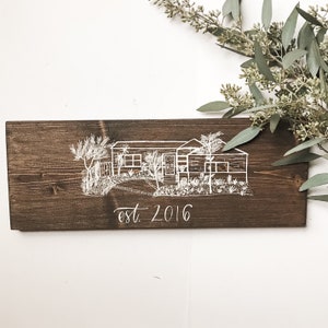 Holz-Andenken-Hauszeichnung mit individueller Kalligraphie für geliebtes Zuhause, personalisiertes Einweihungsgeschenk, sentimentales 5-Jahres-Jubiläumsgeschenk Bild 5