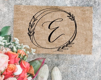 Porch Decor Custom Monogram Wreath Doormat | personalized summer doormat | cute outdoor doormat | wedding gift | housewarming gift