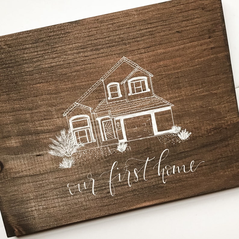Holz-Andenken-Hauszeichnung mit individueller Kalligraphie für geliebtes Zuhause, personalisiertes Einweihungsgeschenk, sentimentales 5-Jahres-Jubiläumsgeschenk Bild 8