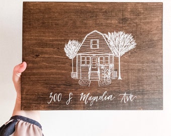 Wood Keepsake Home Drawing with Custom Calligraphy for Beloved Home, Personalized Housewarming Gift, Sentimental 5 Year Anniversary Gift