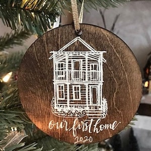 CUSTOM Home Drawing Ornament hand drawn with personalized calligraphy, our first home sketch 2023, Wooden Christmas house portrait ornament