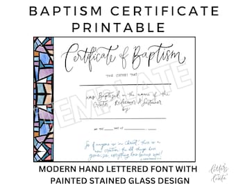 Certificate of Baptism Downloadable Template, Modern Stained Glass Design with Calligraphy Font, Printable Baptism Certificate