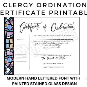 Certificate of Ordination Downloadable Template, Modern Stained Glass Design with Calligraphy Font, Printable Clergy Ordination Certificate