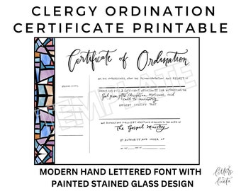 Certificate of Ordination Downloadable Template, Modern Stained Glass Design with Calligraphy Font, Printable Clergy Ordination Certificate