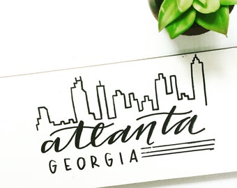 Atlanta Skyline Wood Sign, Atlanta Skyline Silhouette | hand illustration and calligraphy city skyline | Atlanta Decor Art, ATL Home Decor