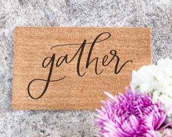 gather welcome mat || hand lettered doormat | fall doormat | fall 2022 decor | fall home decor | calligraphy doormat | fall porch decor
