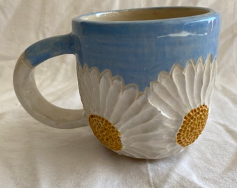 Daisy Pottery Mug; Handmade/Hand Painted