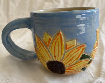 Sunflower Pottery Mug; Handmade/ Hand painted