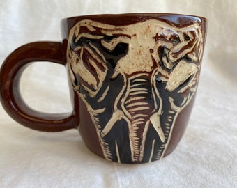 Elephant Pottery Mug; handmade/hand painted