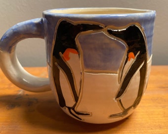 Handmade Pottery Mug with Hand Painted Penguins