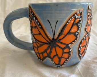 Handmade Pottery Mug with Hand Glazed Monarch Butterflies