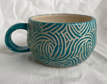 Abstract Ocean Waves Pottery Mug; Handmade/Hand carved