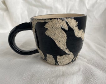 Crows Pottery Mug; Handmade/ hand carved